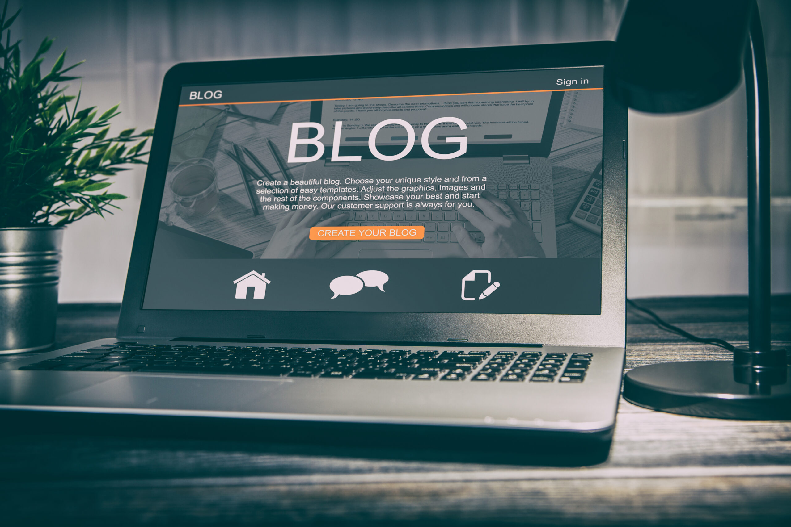 Laptop met een blogpagina in het scherm.